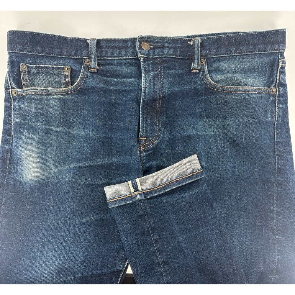 Uniqlo Selvedge Jeans Mens 36x30 Slim‎ Fit Stretch Med Wash Indigo Faded Redline
